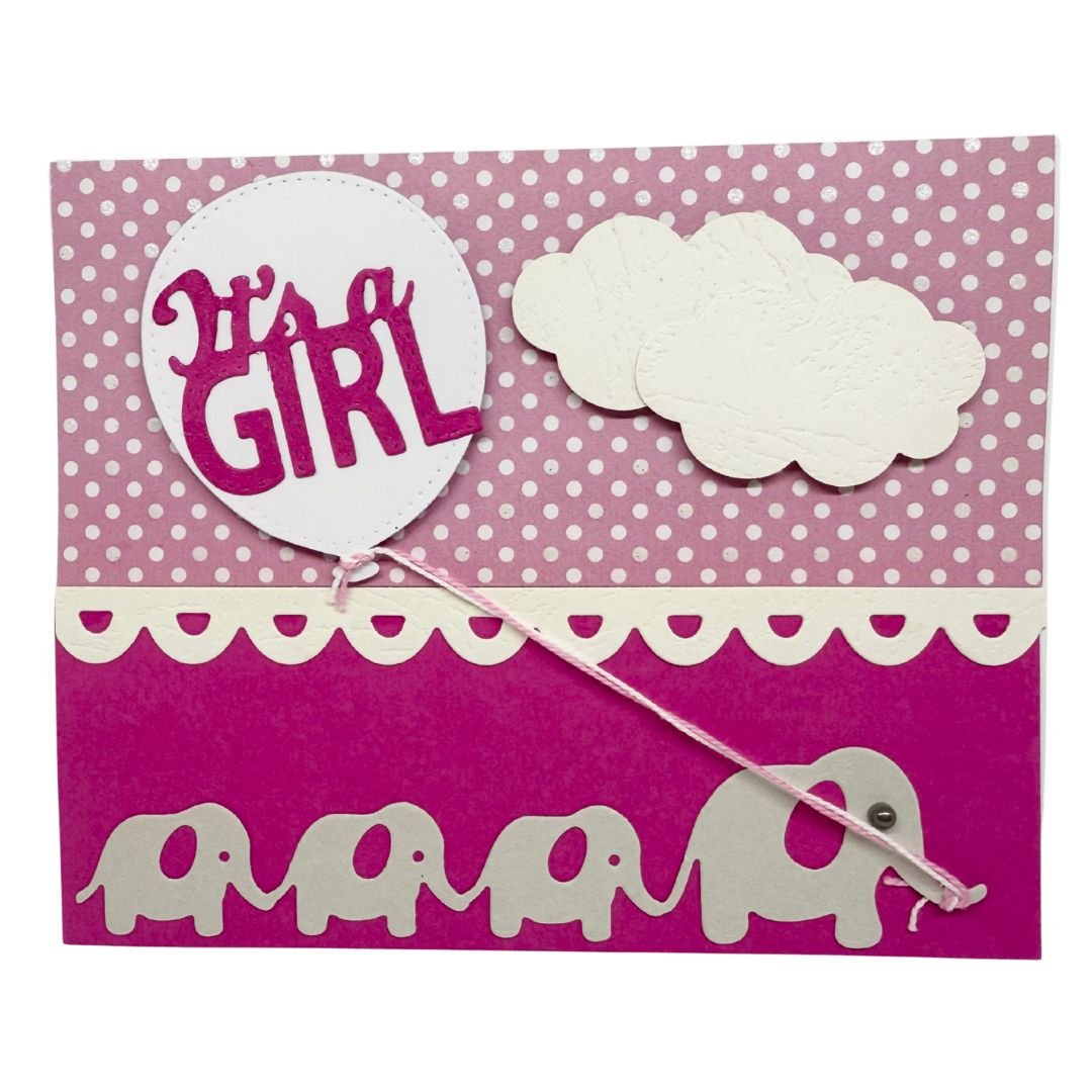 Carte Naissance Fille – Éléphants et Ballon Rose en Relief