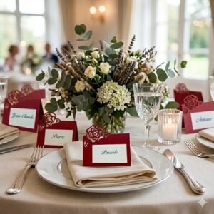 Lot de 6 marque-places artisanaux avec rose en relief rouge sur une table de fête avec fleurs et bougies.