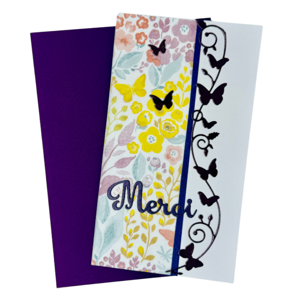 Carte de remerciements - Farandole de papillons Carte de remerciements artisanale "Merci" - Fait main - Papillons & Fleurs - Pastel - Remerciement spécial