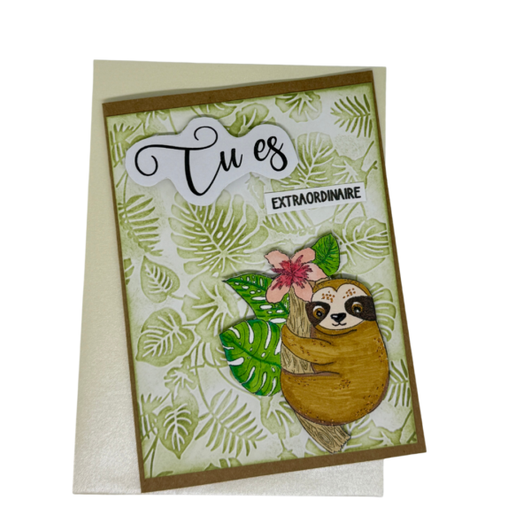 Carte paresseux avec enveloppe verte assortie.