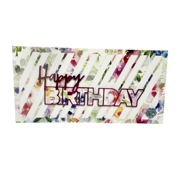 Vue de face de la carte panoramique Coq'Ci avec dentelle de papier et motif fleurs pourpres -V3