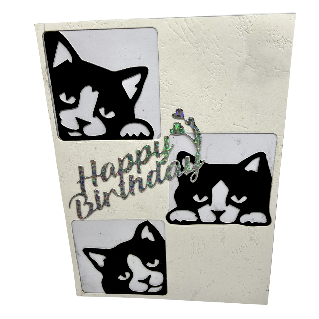 Carte Anniversaire : Trio de Chats Curieux et Éclats de Fête