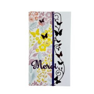 Carte de remerciement avec décor fleurs pastel et papillons violets ciselés