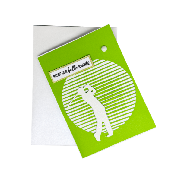 Carte de voeux golf vert vif posée sur son enveloppe assortie