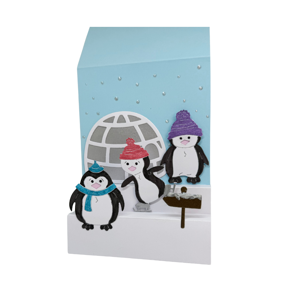 Carte de Noël artisanale pingouins et igloo – Relief 3D fait main